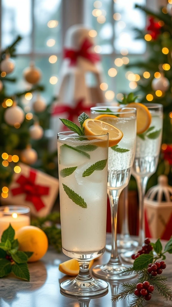 Elegant elderflower cocktails garnished with mint and lemon, surrounded by holiday decorations.
